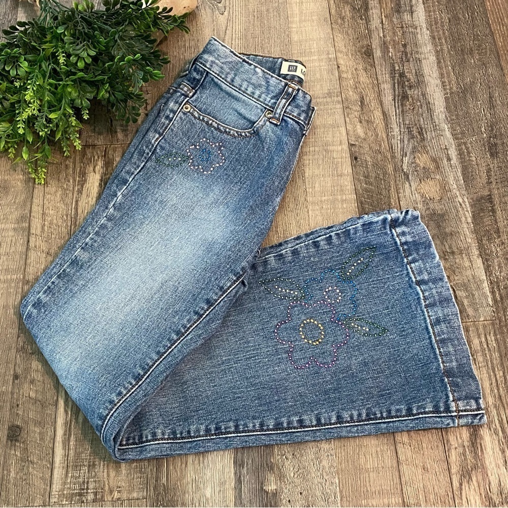 GAP Medium Wash Long & Lean Bootcut Jeans w/ Jeweled Appliqué, Kids Size 10 Reg